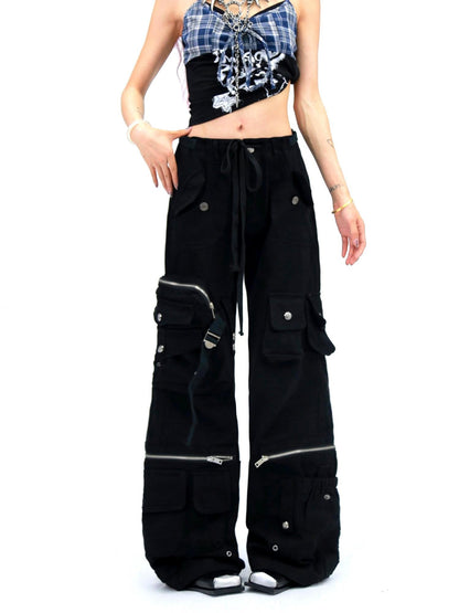 NANAICHILLI High Waist Wide Leg Cargo Zipper Fly Loose Black Casual Jeans