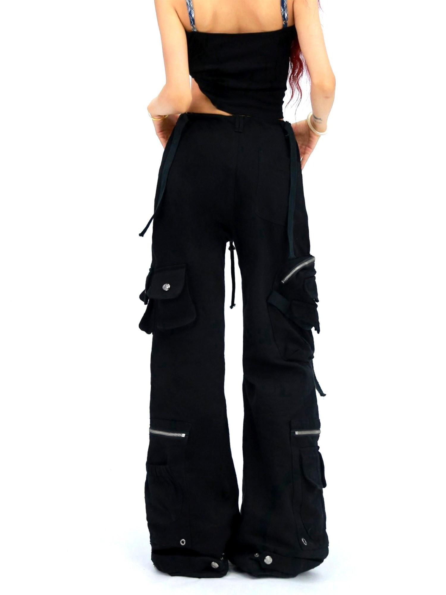 NANAICHILLI High Waist Wide Leg Cargo Zipper Fly Loose Black Casual Jeans