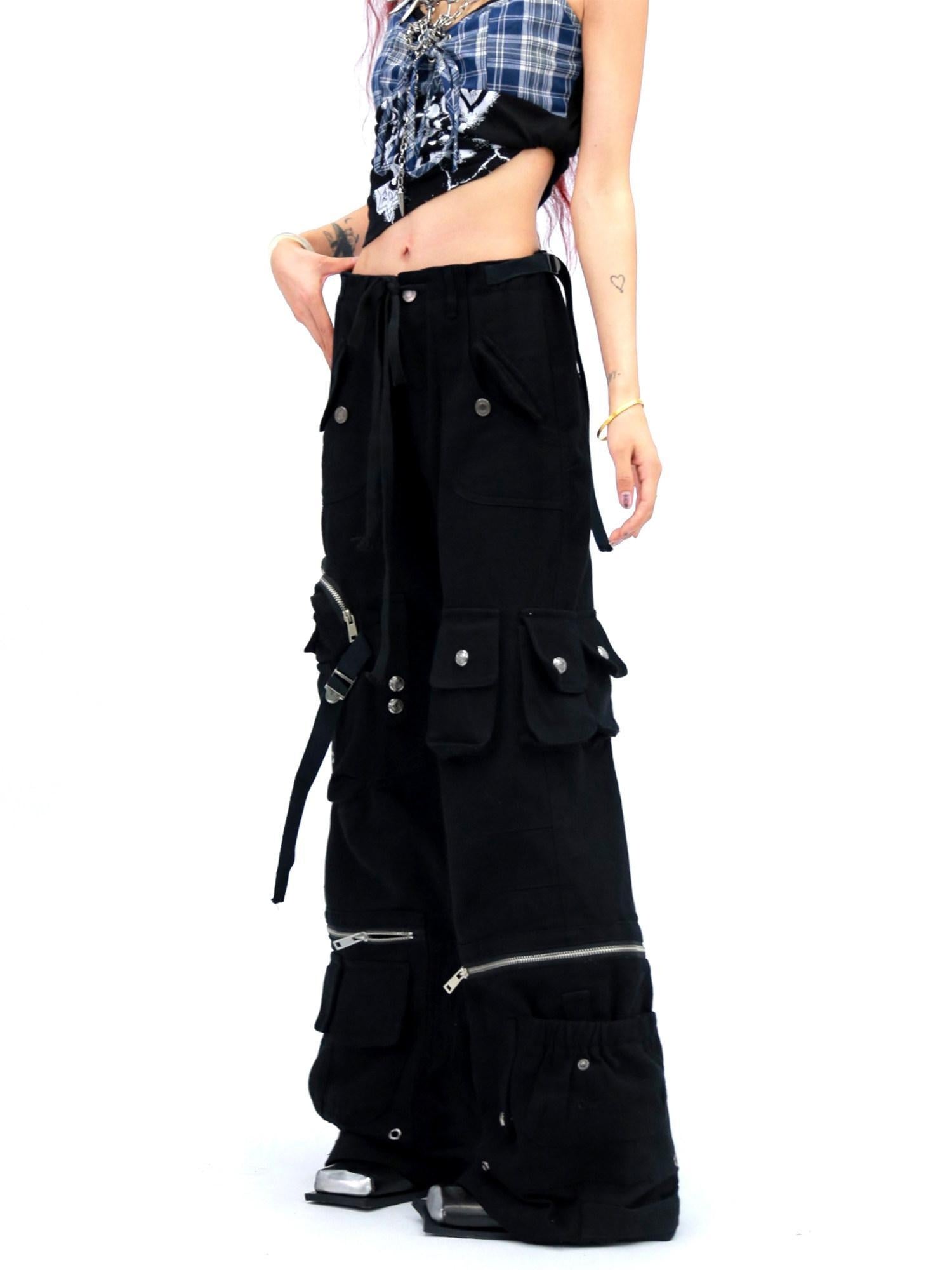 NANAICHILLI High Waist Wide Leg Cargo Zipper Fly Loose Black Casual Jeans