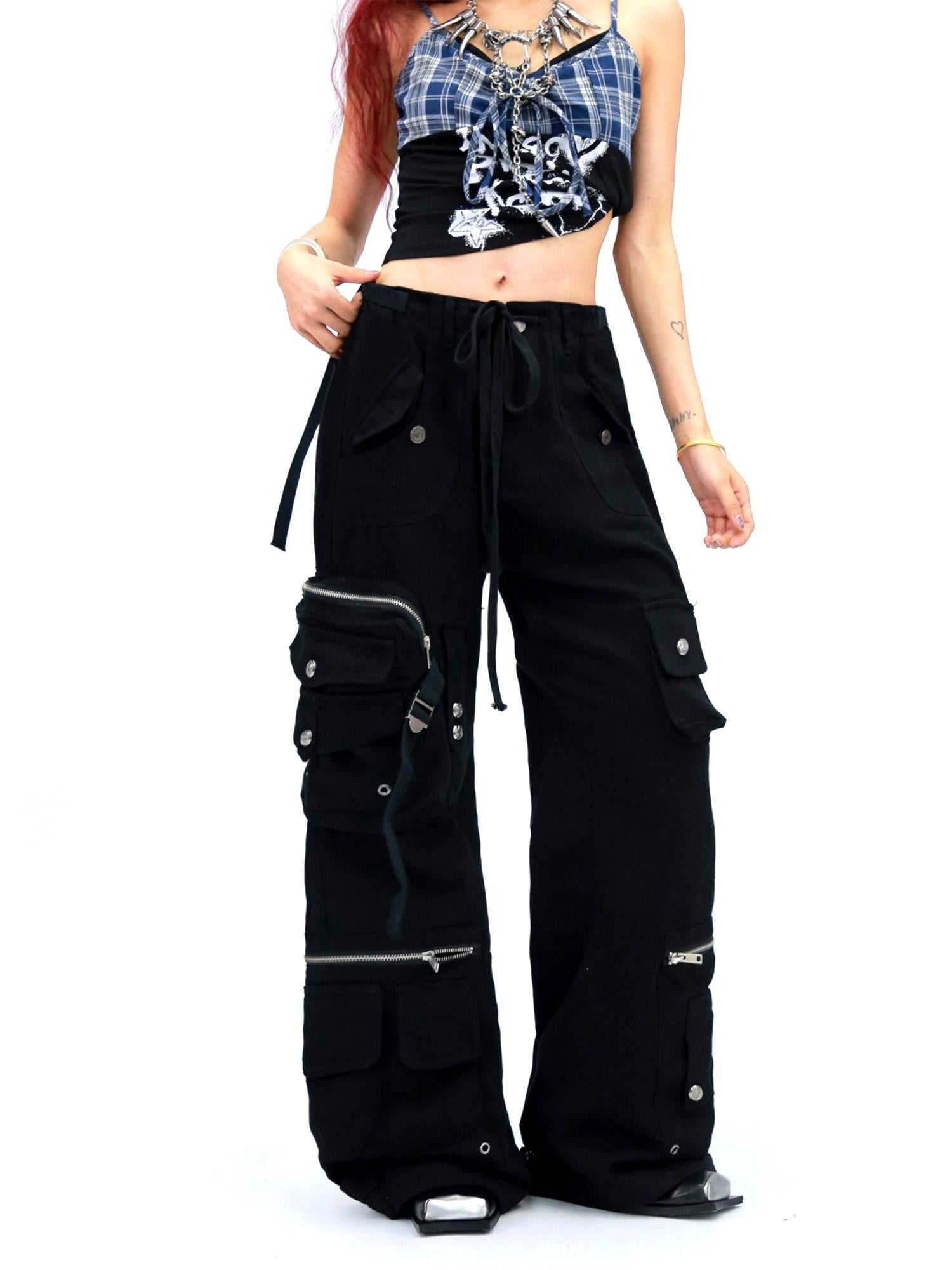 NANAICHILLI High Waist Wide Leg Cargo Zipper Fly Loose Black Casual Jeans
