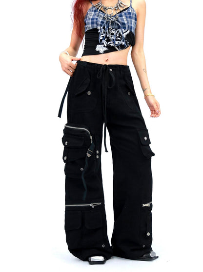 NANAICHILLI High Waist Wide Leg Cargo Zipper Fly Loose Black Casual Jeans