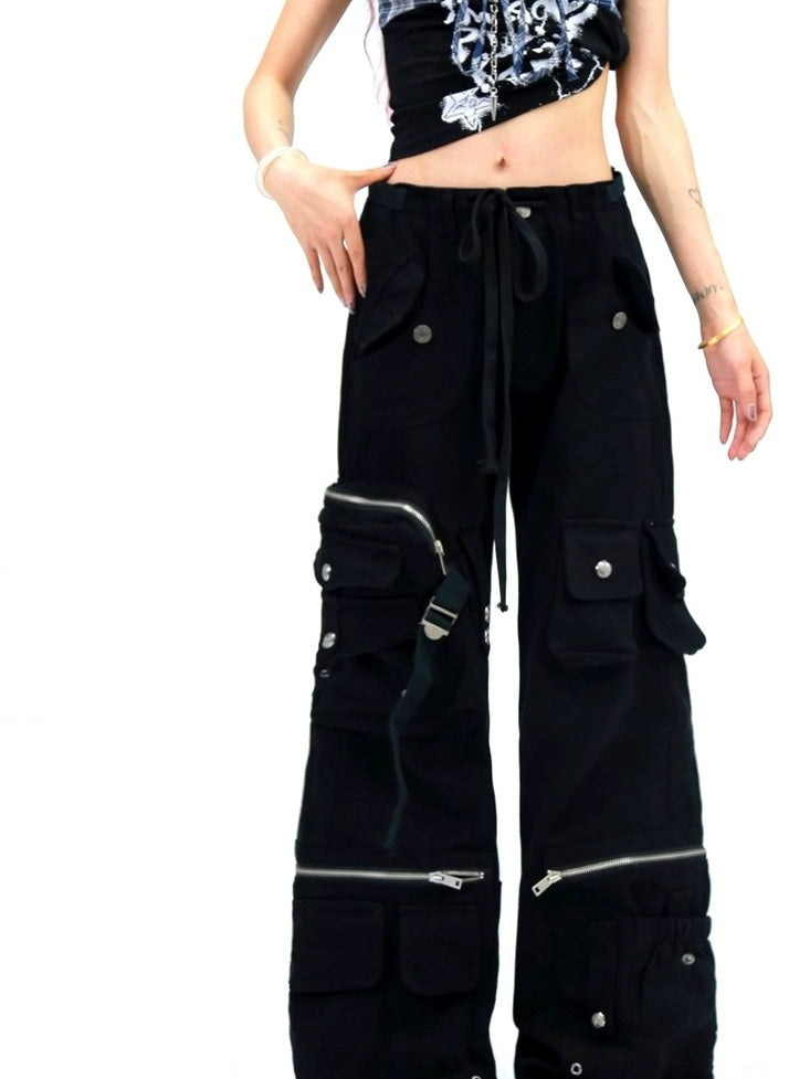 NANAICHILLI High Waist Wide Leg Cargo Zipper Fly Loose Black Casual Jeans