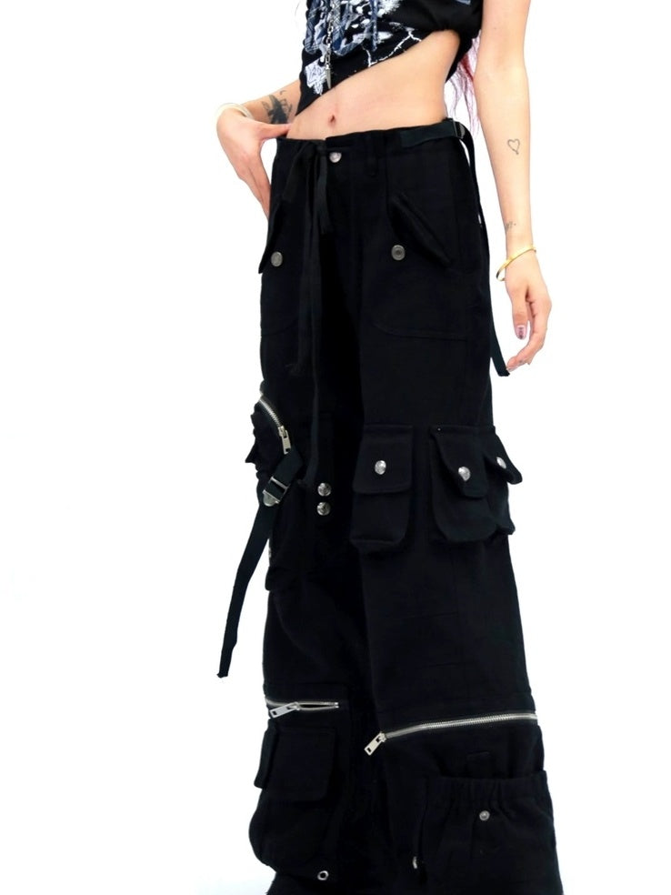 NANAICHILLI High Waist Wide Leg Cargo Zipper Fly Loose Black Casual Jeans