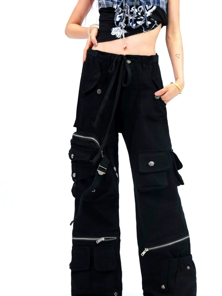 NANAICHILLI High Waist Wide Leg Cargo Zipper Fly Loose Black Casual Jeans