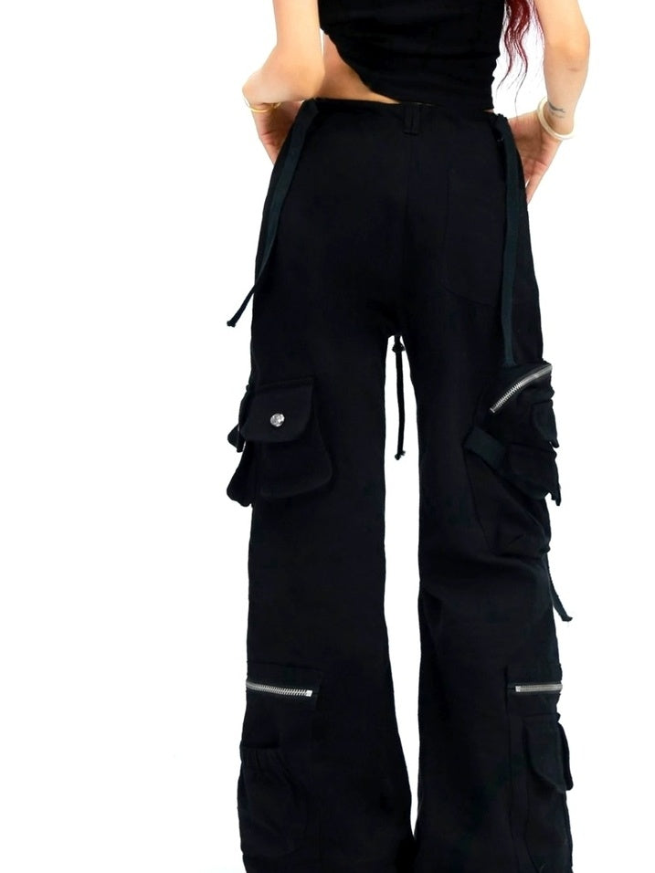 NANAICHILLI High Waist Wide Leg Cargo Zipper Fly Loose Black Casual Jeans