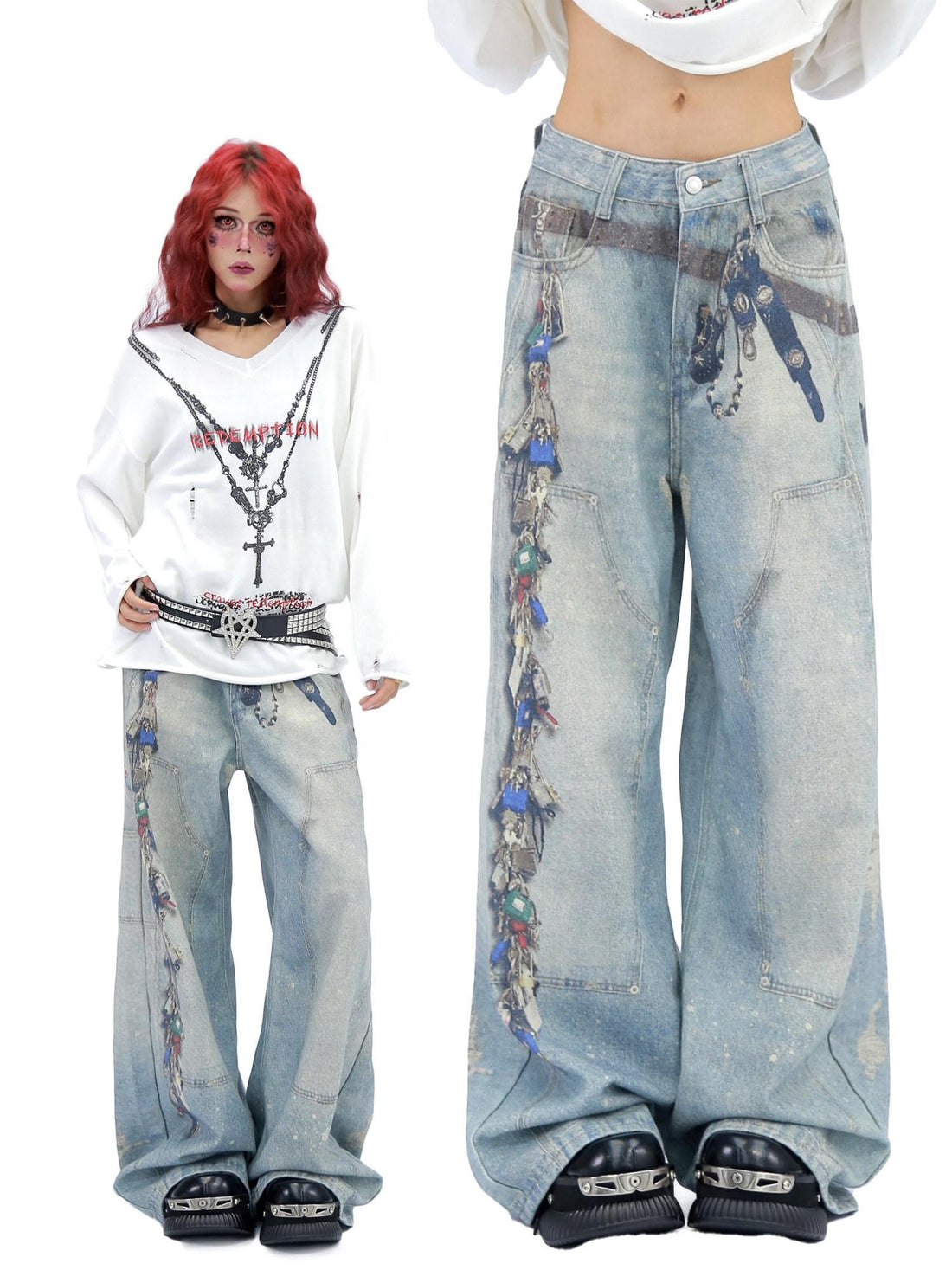 NANAICHILLI High Waist Wide Leg Loose Fit Casual Zipper Fly Blue Long Jeans