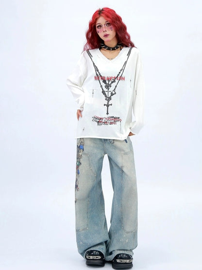 NANAICHILLI High Waist Wide Leg Loose Fit Casual Zipper Fly Blue Long Jeans