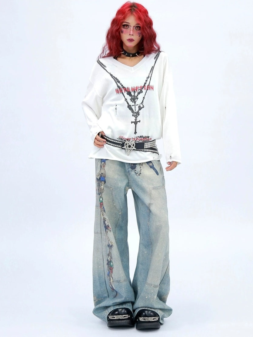 NANAICHILLI High Waist Wide Leg Loose Fit Casual Zipper Fly Blue Long Jeans