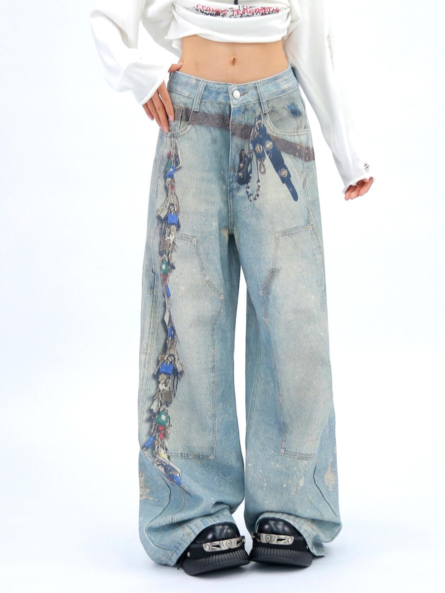NANAICHILLI High Waist Wide Leg Loose Fit Casual Zipper Fly Blue Long Jeans