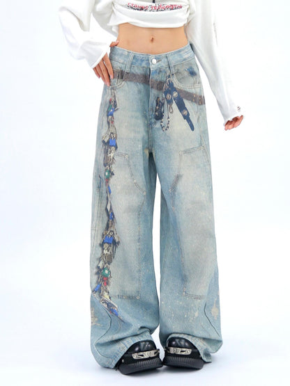 NANAICHILLI High Waist Wide Leg Loose Fit Casual Zipper Fly Blue Long Jeans