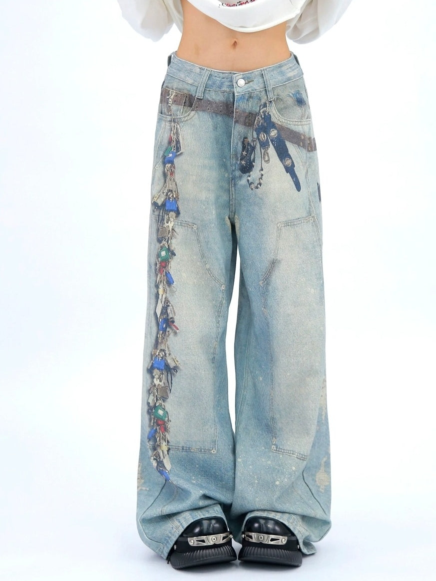 NANAICHILLI High Waist Wide Leg Loose Fit Casual Zipper Fly Blue Long Jeans