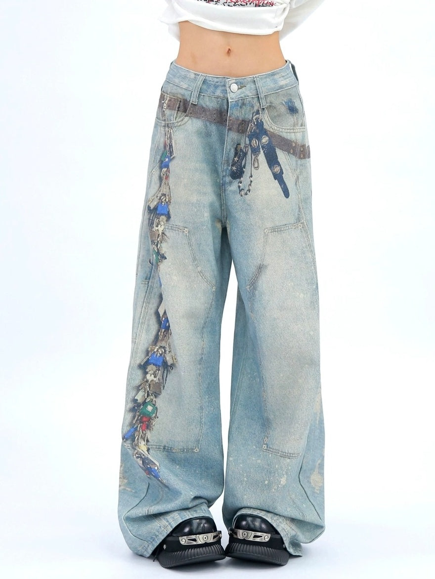 NANAICHILLI High Waist Wide Leg Loose Fit Casual Zipper Fly Blue Long Jeans