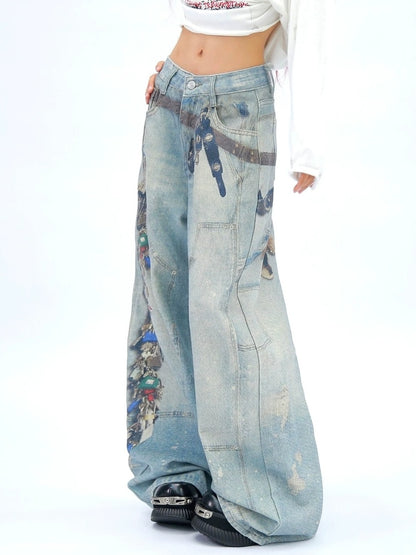NANAICHILLI High Waist Wide Leg Loose Fit Casual Zipper Fly Blue Long Jeans