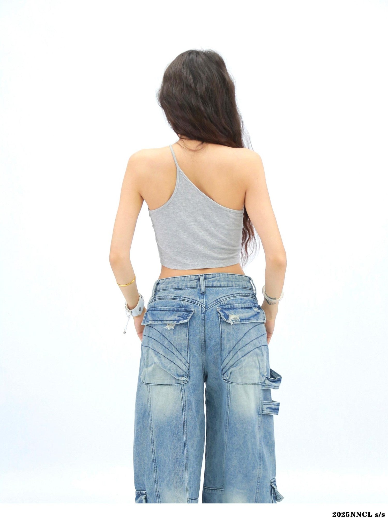 NANAICHILLI Light Gray Asymmetrical Shoulder Backless Slim Fit Women&