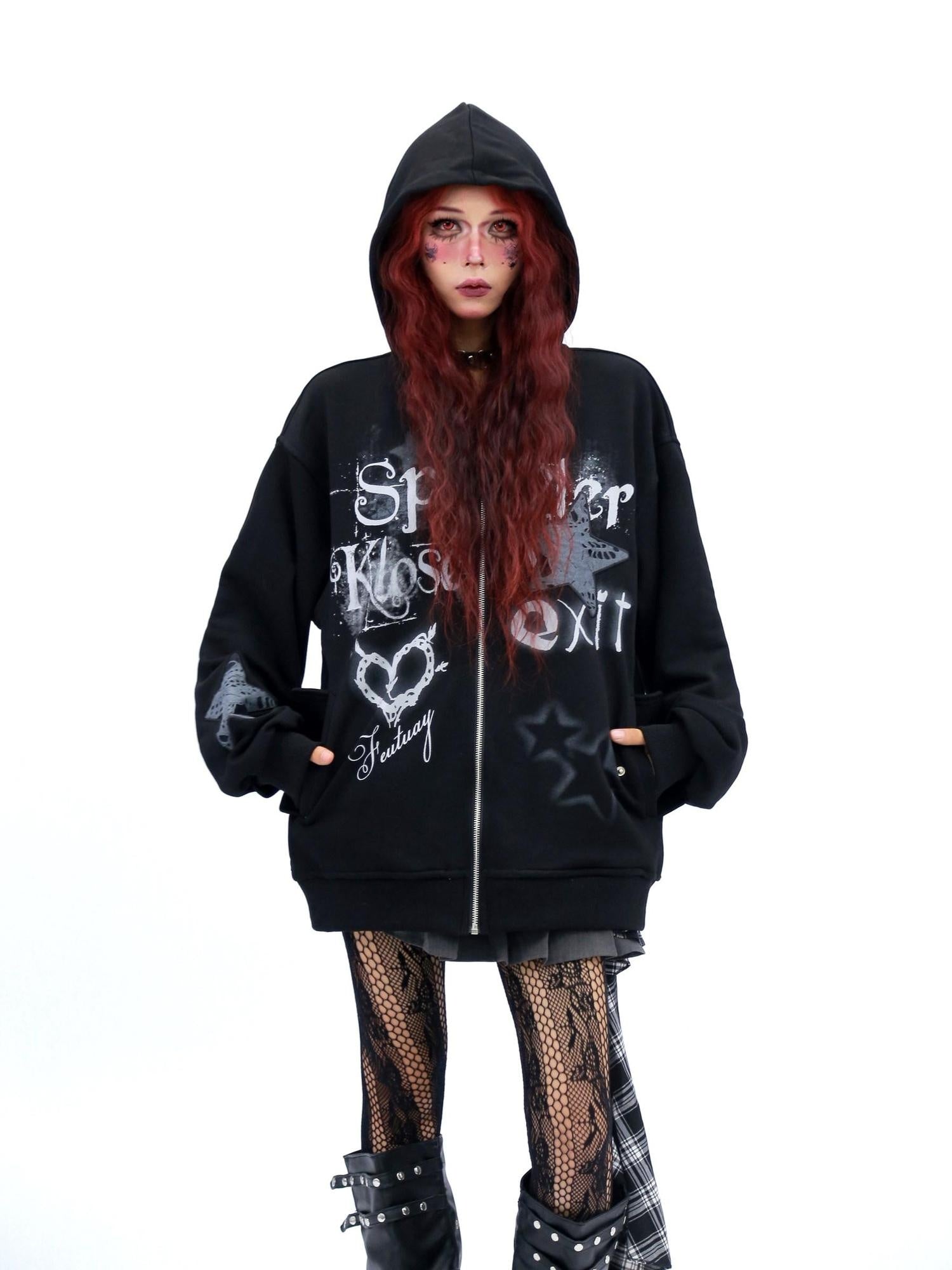 NANAICHILLI Loose Fit Zip Front Street Style Unisex Long Sleeve Hooded Black White Hoodies