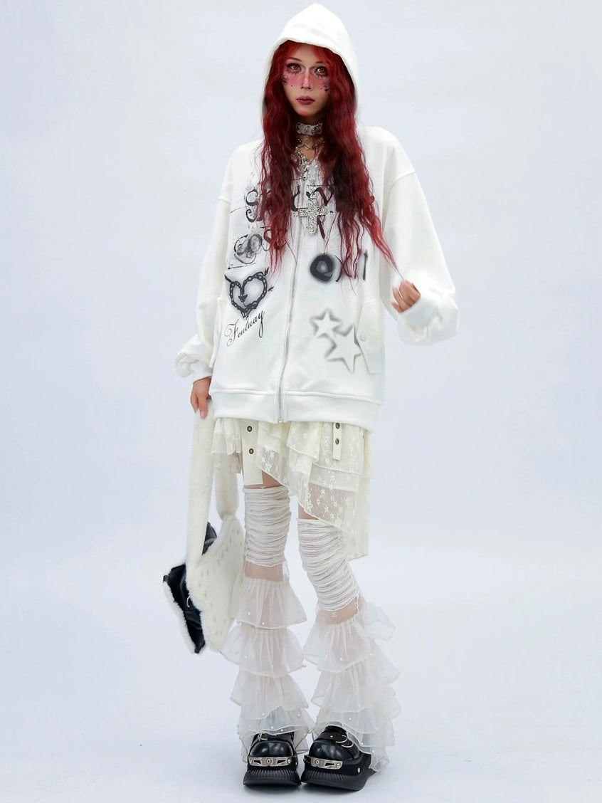 NANAICHILLI Loose Fit Zip Front Street Style Unisex Long Sleeve Hooded Black White Hoodies