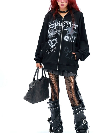 NANAICHILLI Loose Fit Zip Front Street Style Unisex Long Sleeve Hooded Black White Hoodies