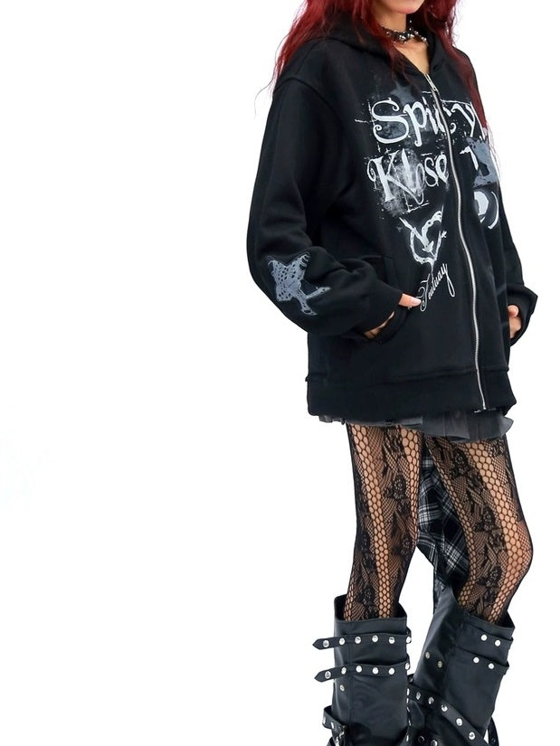 NANAICHILLI Loose Fit Zip Front Street Style Unisex Long Sleeve Hooded Black White Hoodies