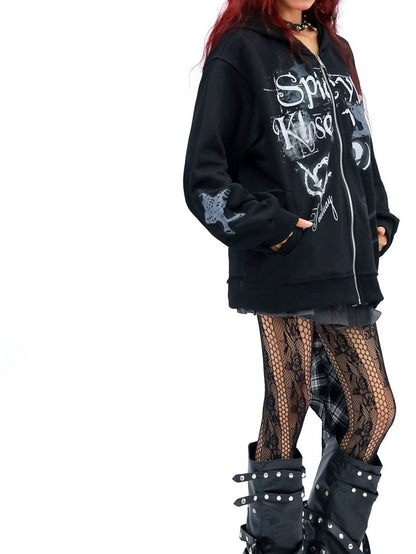 NANAICHILLI Loose Fit Zip Front Street Style Unisex Long Sleeve Hooded Black White Hoodies