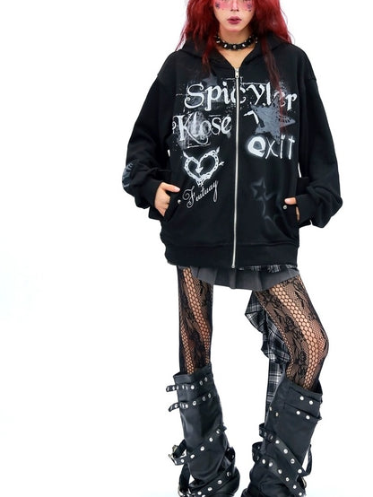 NANAICHILLI Loose Fit Zip Front Street Style Unisex Long Sleeve Hooded Black White Hoodies