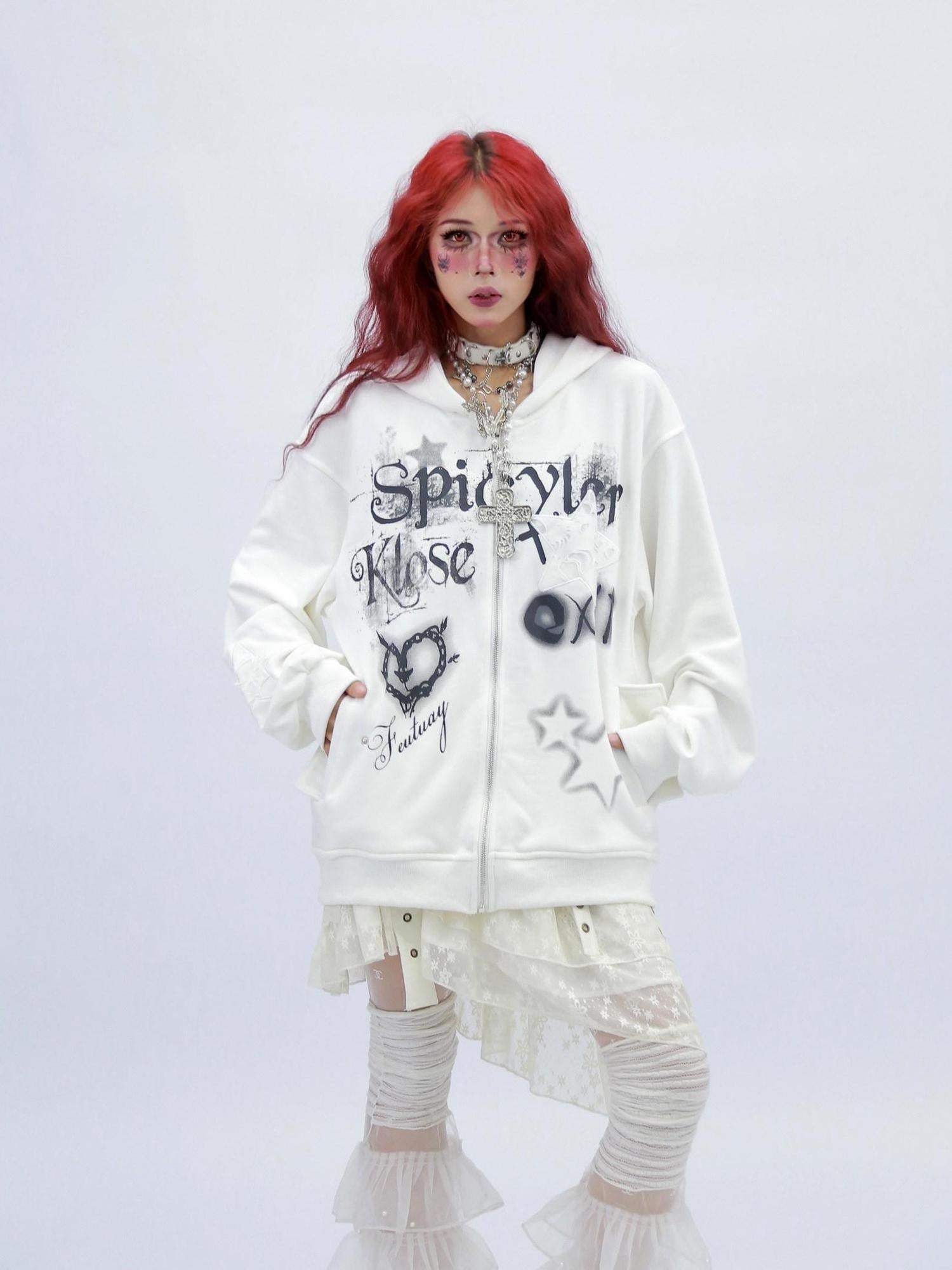 NANAICHILLI Loose Fit Zip Front Street Style Unisex Long Sleeve Hooded Black White Hoodies