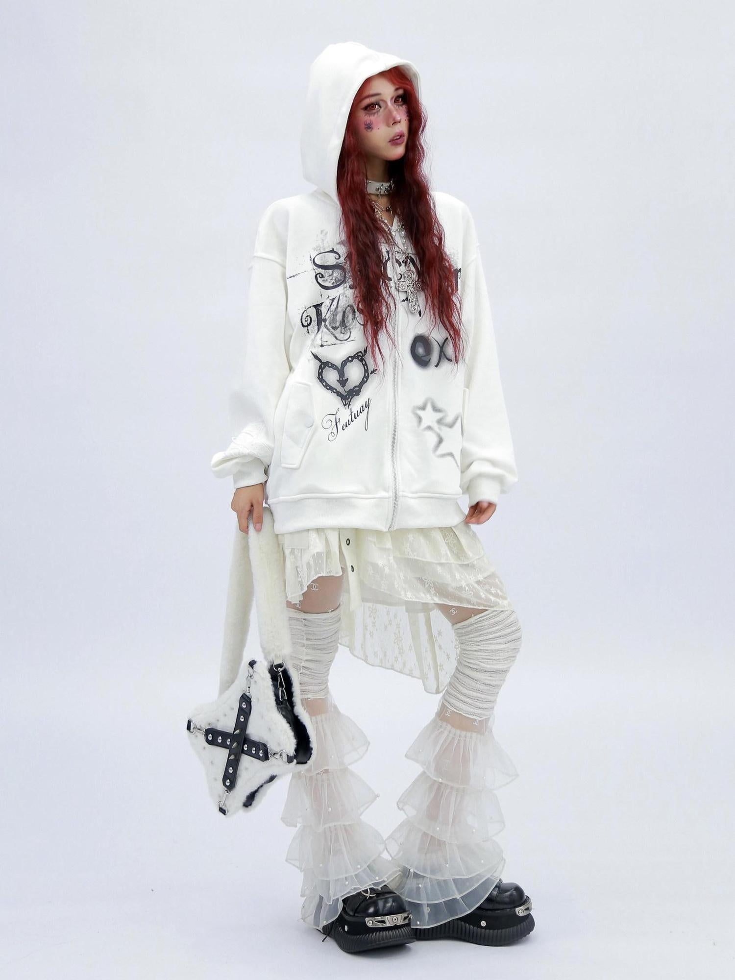 NANAICHILLI Loose Fit Zip Front Street Style Unisex Long Sleeve Hooded Black White Hoodies