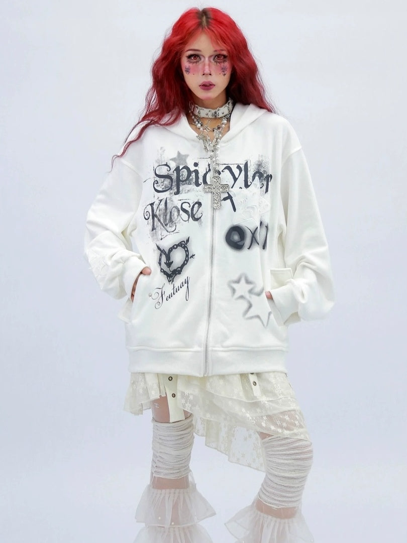 NANAICHILLI Loose Fit Zip Front Street Style Unisex Long Sleeve Hooded Black White Hoodies