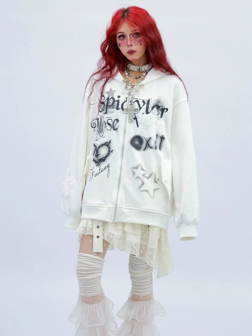 NANAICHILLI Loose Fit Zip Front Street Style Unisex Long Sleeve Hooded Black White Hoodies