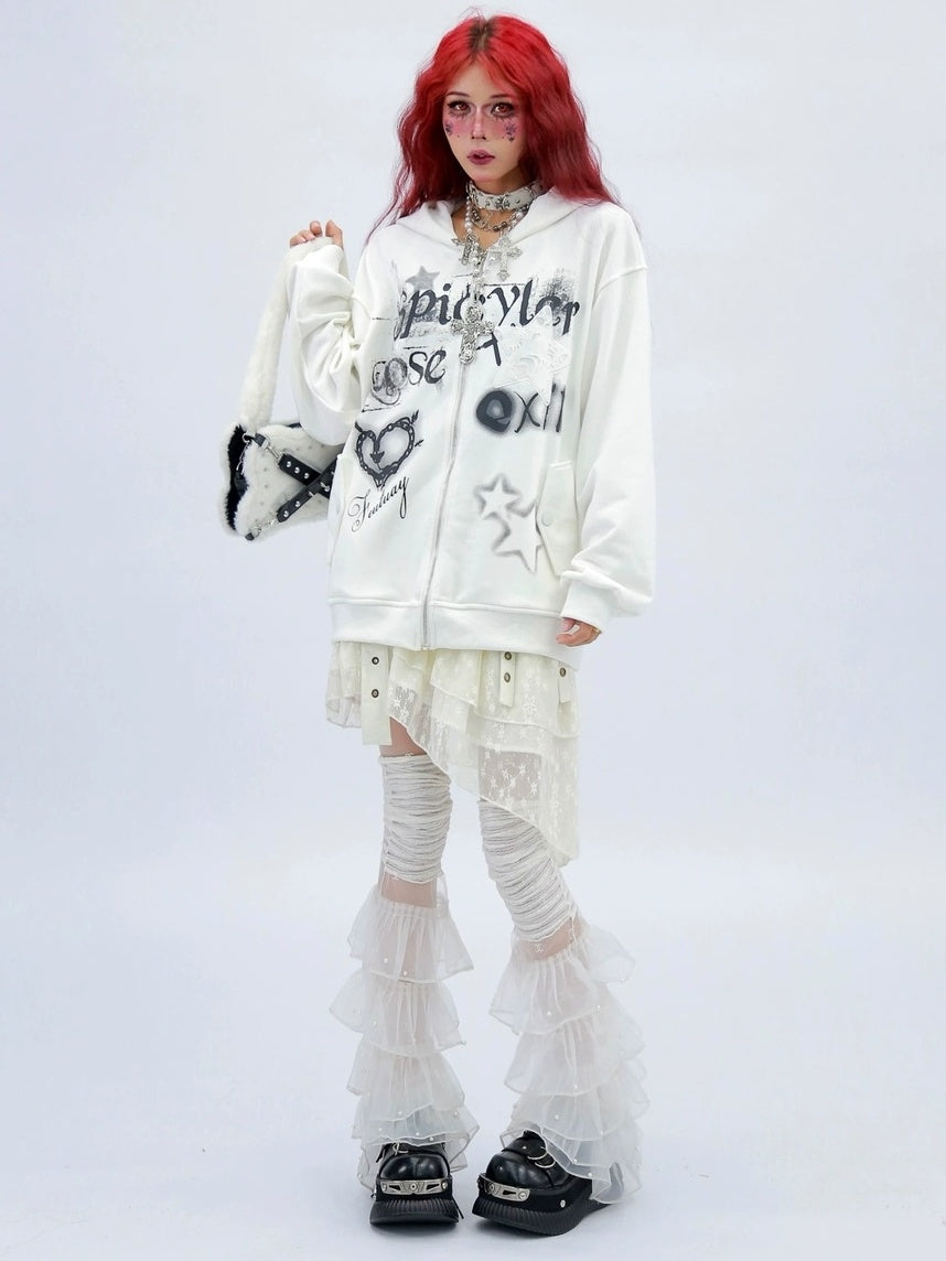 NANAICHILLI Loose Fit Zip Front Street Style Unisex Long Sleeve Hooded Black White Hoodies