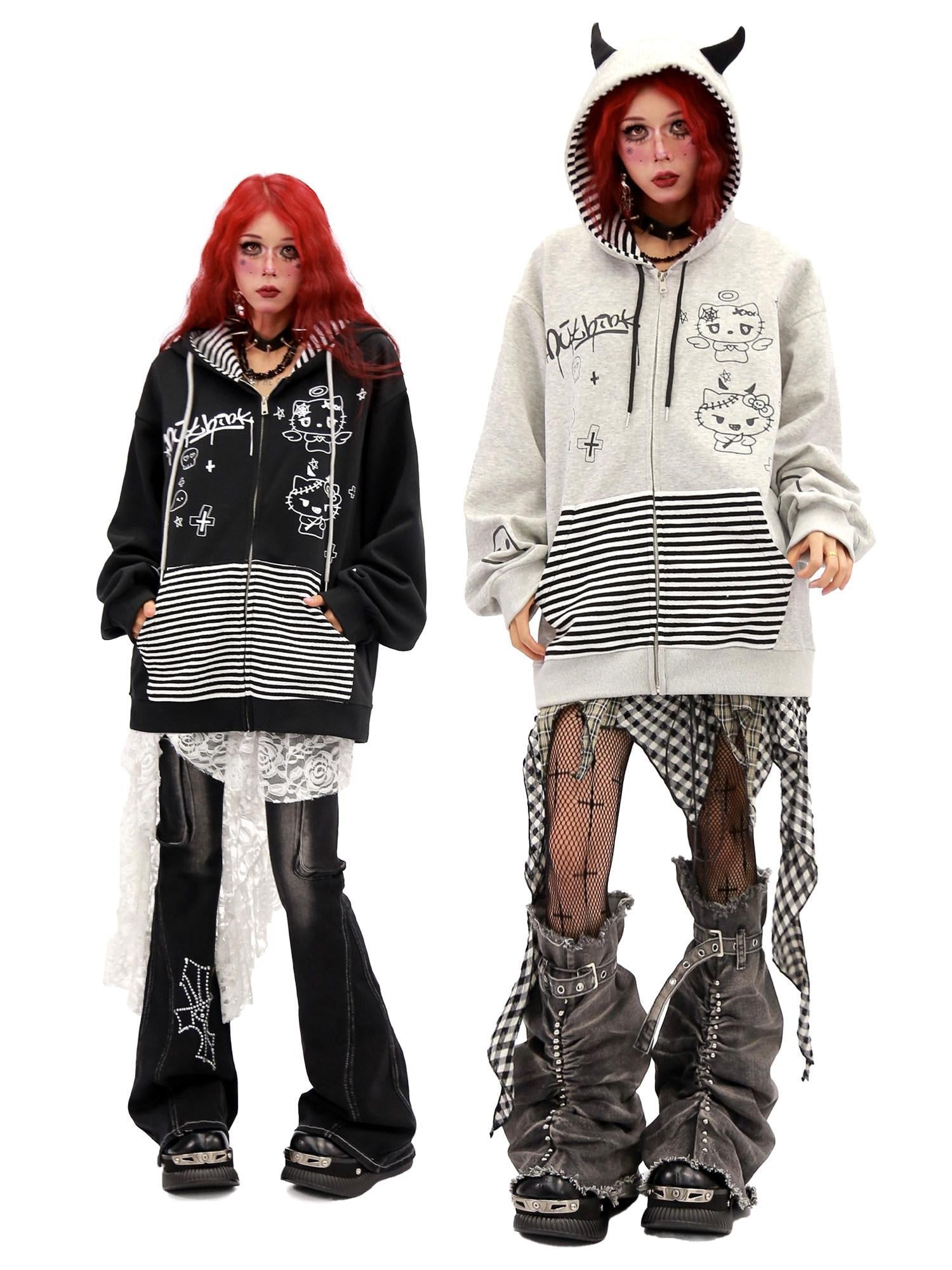 NANAICHILLI Loose Fit Zip Up Cartoon Anime Streetwear Hooded Black Gray Hoodies