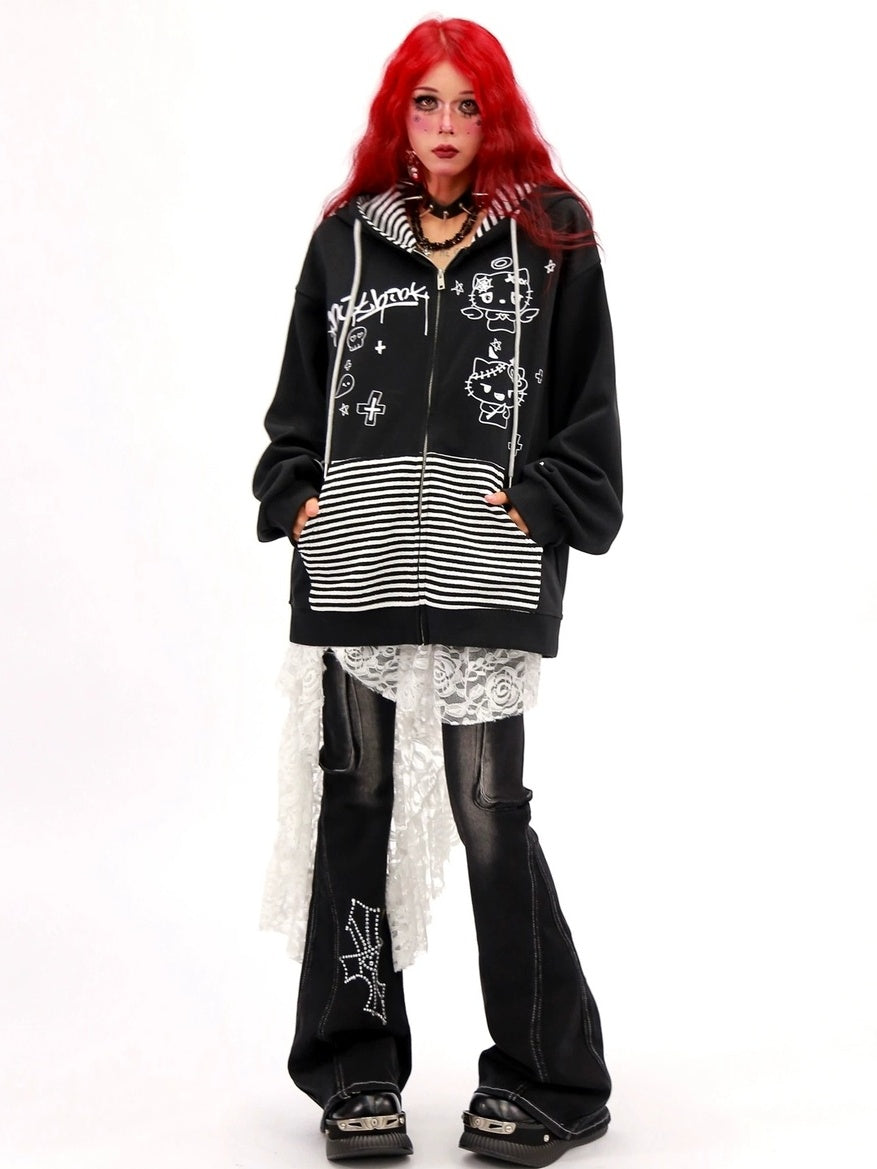 NANAICHILLI Loose Fit Zip Up Cartoon Anime Streetwear Hooded Black Gray Hoodies