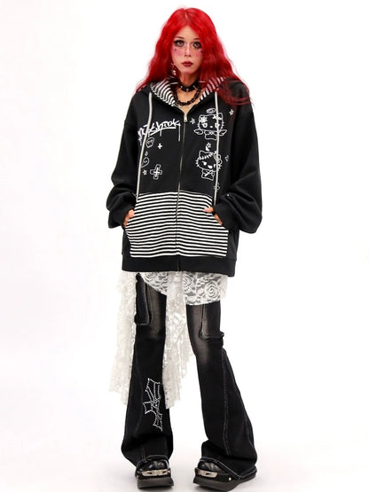 NANAICHILLI Loose Fit Zip Up Cartoon Anime Streetwear Hooded Black Gray Hoodies