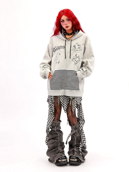 NANAICHILLI Loose Fit Zip Up Cartoon Anime Streetwear Hooded Black Gray Hoodies