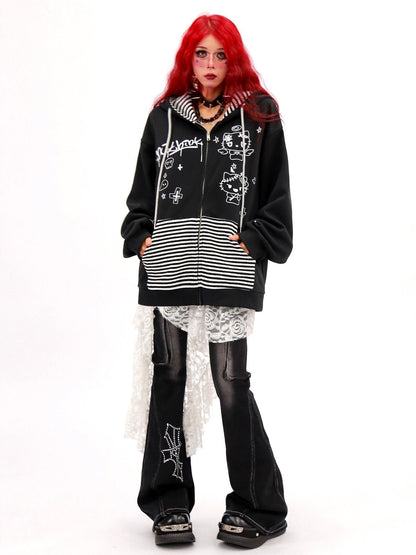 NANAICHILLI Loose Fit Zip Up Cartoon Anime Streetwear Hooded Black Gray Hoodies