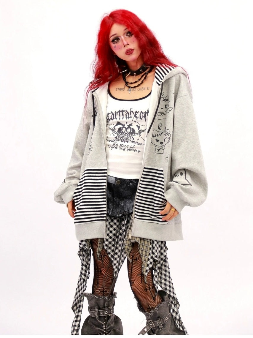 NANAICHILLI Loose Fit Zip Up Cartoon Anime Streetwear Hooded Black Gray Hoodies