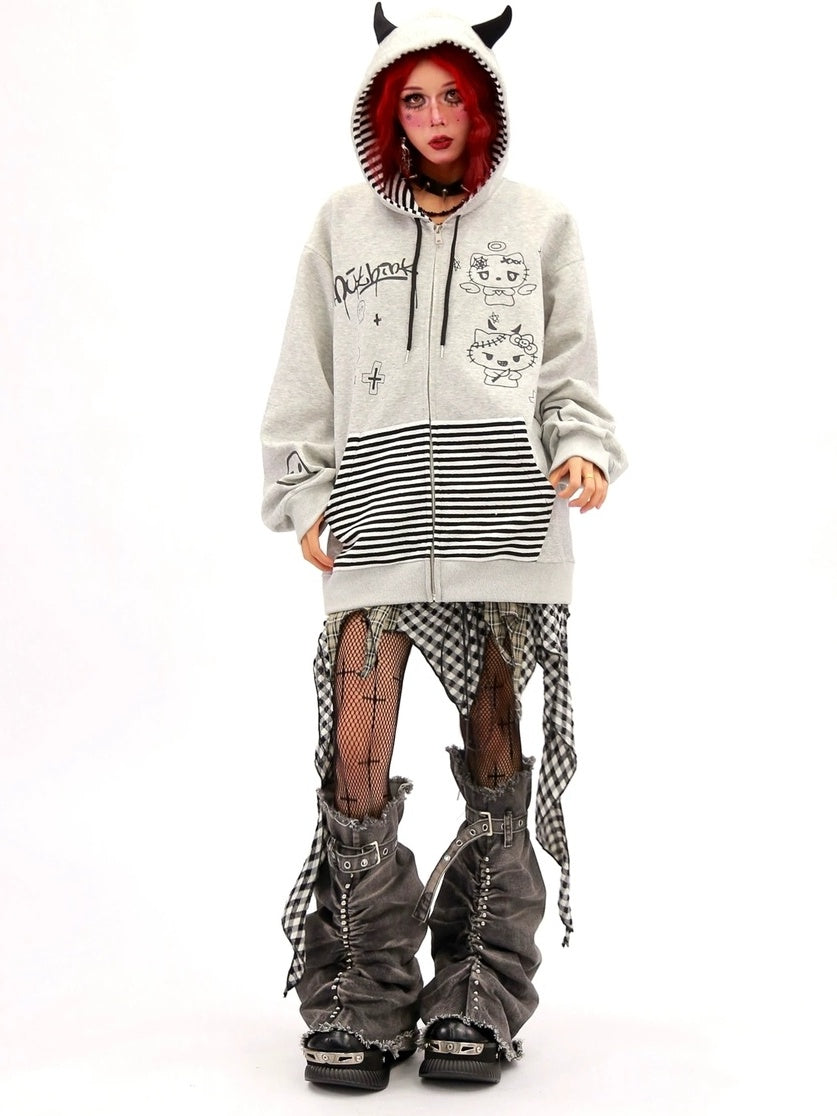 NANAICHILLI Loose Fit Zip Up Cartoon Anime Streetwear Hooded Black Gray Hoodies