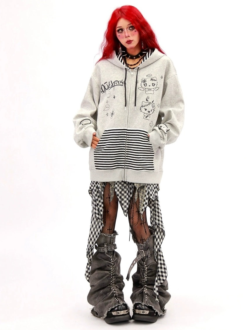 NANAICHILLI Loose Fit Zip Up Cartoon Anime Streetwear Hooded Black Gray Hoodies