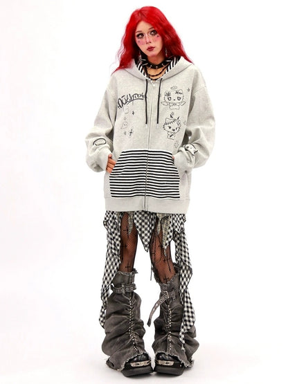 NANAICHILLI Loose Fit Zip Up Cartoon Anime Streetwear Hooded Black Gray Hoodies