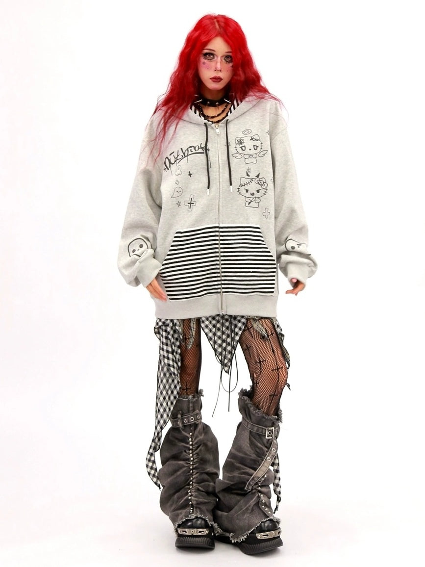 NANAICHILLI Loose Fit Zip Up Cartoon Anime Streetwear Hooded Black Gray Hoodies