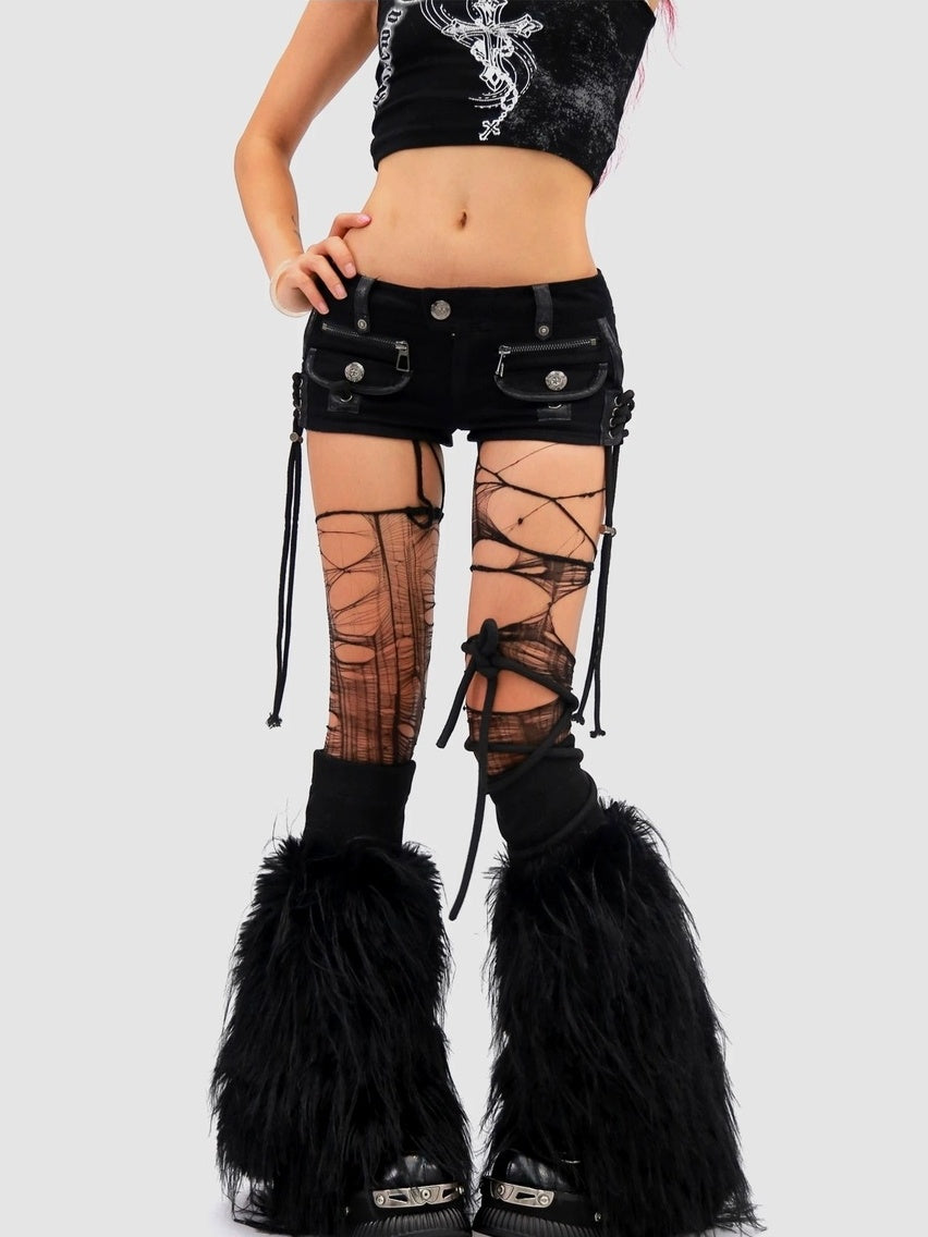 NANAICHILLI Low Waist Sexy Tie Detail Standard Fit Women Camo Cotton Zip Fly Shorts