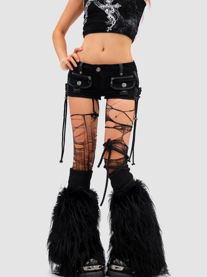 NANAICHILLI Low Waist Sexy Tie Detail Standard Fit Women Camo Cotton Zip Fly Shorts