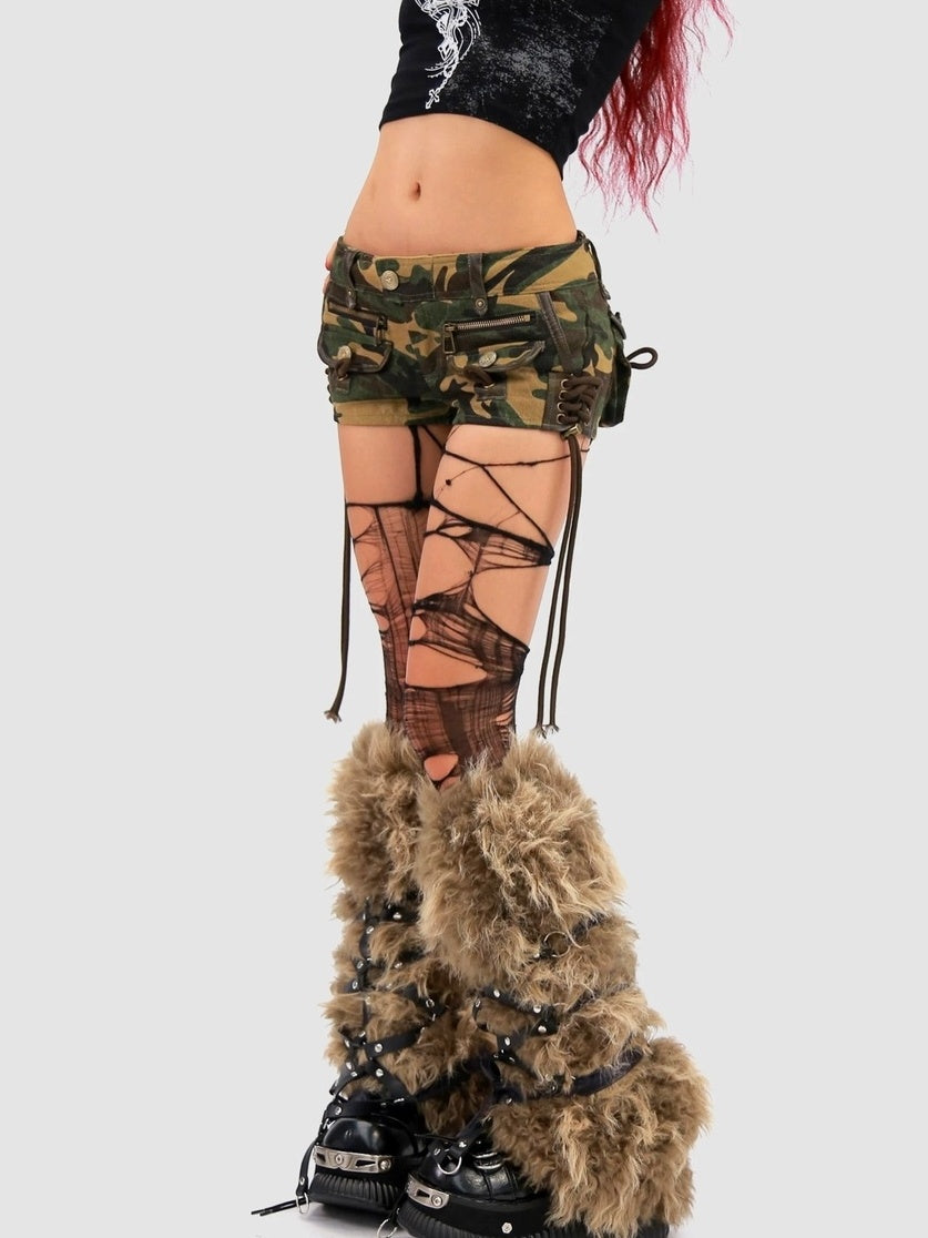 NANAICHILLI Low Waist Sexy Tie Detail Standard Fit Women Camo Cotton Zip Fly Shorts