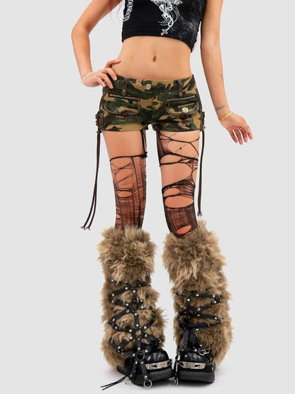 NANAICHILLI Low Waist Sexy Tie Detail Standard Fit Women Camo Cotton Zip Fly Shorts