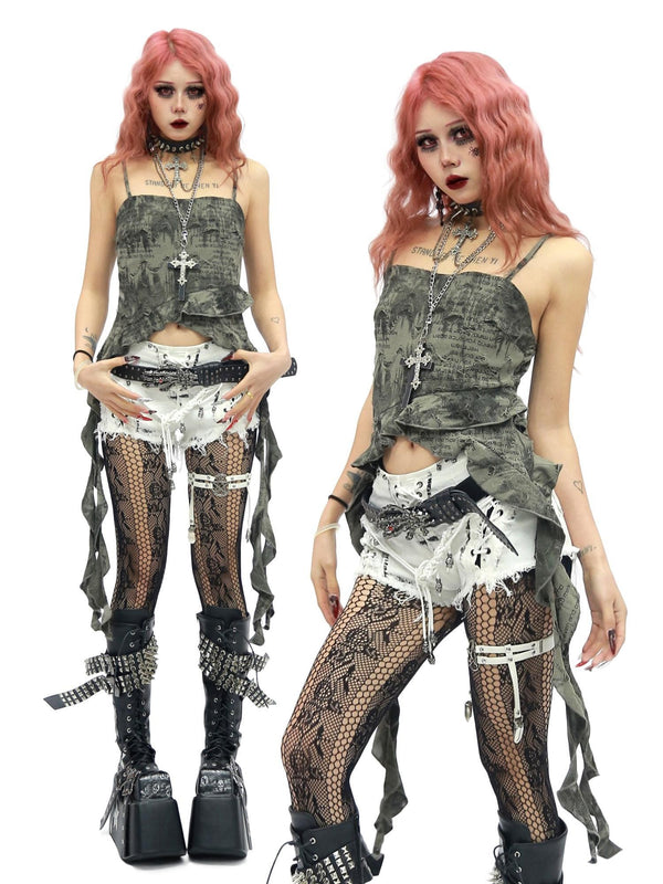 Military Green Asymmetrical Ribbon Tie Dye Cropped Slim Women's Camisoles