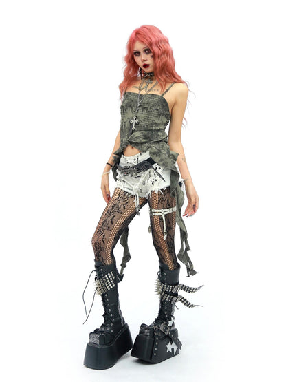 NANAICHILLI Military Green Asymmetrical Ribbon Tie Dye Cropped Slim Women&