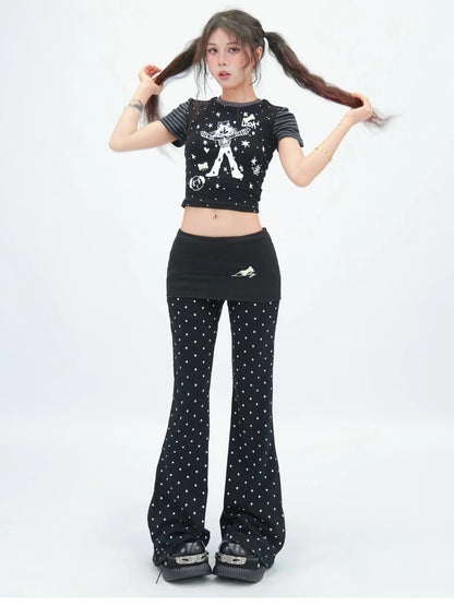 NANAICHILLI Minimal Slim Micro Flare Street Style Elastic Natural Waist Black White Pants