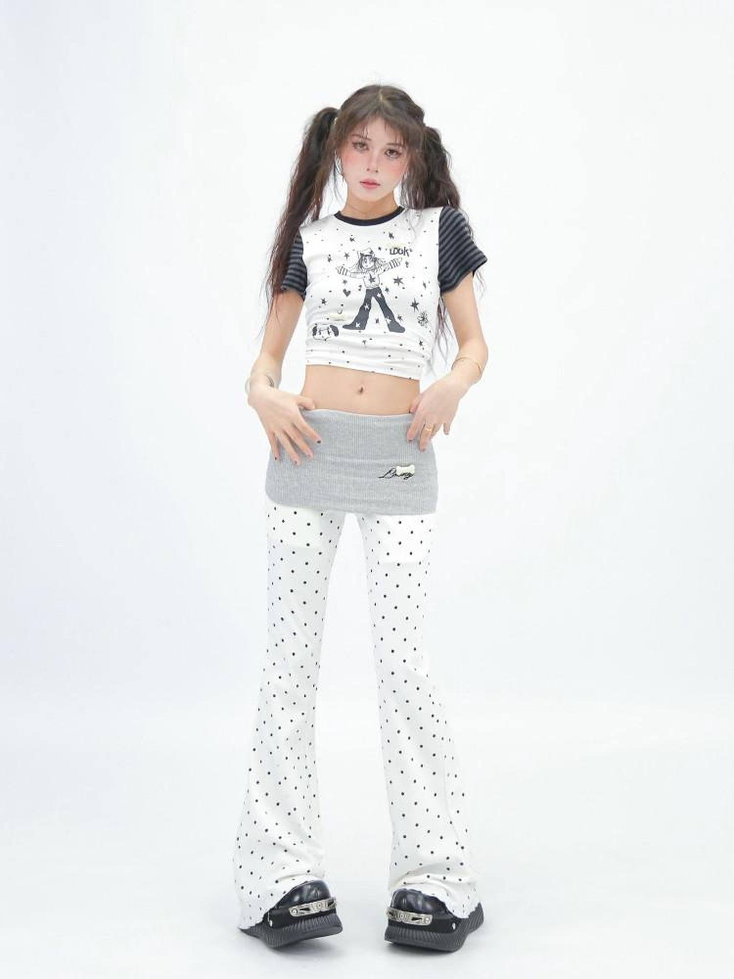 NANAICHILLI Minimal Slim Micro Flare Street Style Elastic Natural Waist Black White Pants