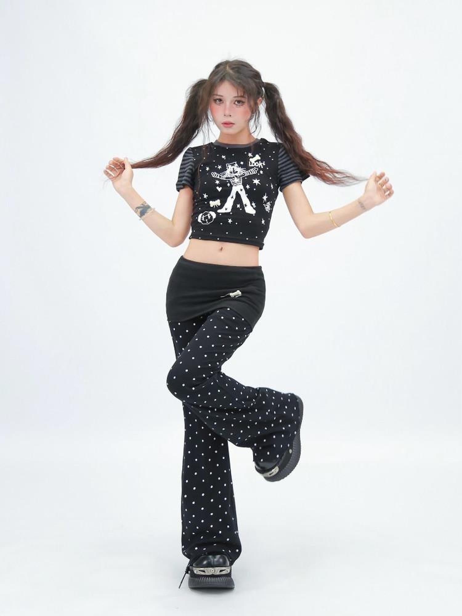 NANAICHILLI Minimal Slim Micro Flare Street Style Elastic Natural Waist Black White Pants