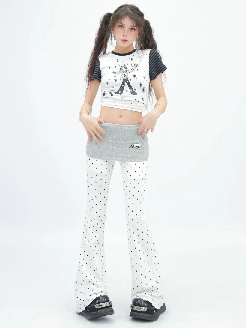 NANAICHILLI Minimal Slim Micro Flare Street Style Elastic Natural Waist Black White Pants