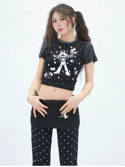 NANAICHILLI Moisture Wicking Cartoon Print Slim Fit Street Style Youth Black White T-Shirt